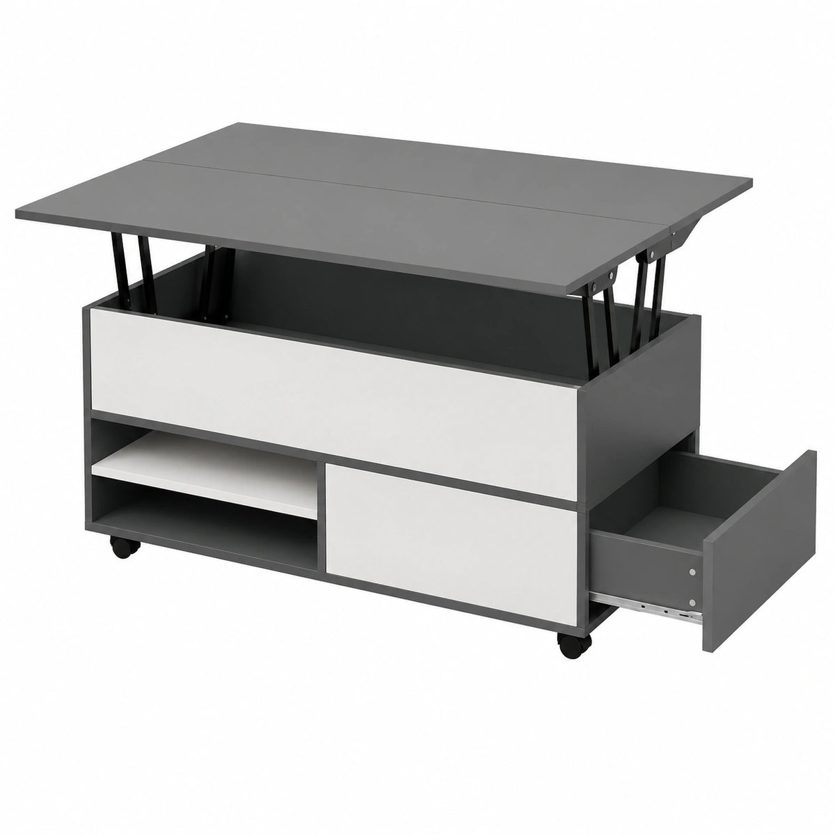 Table basse, réglable, avec rangement, avec tiroirs, 100 x 98 x 65 cm, coloris blanc et gris, pour le salon