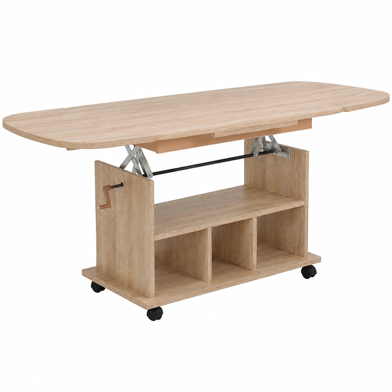 Table basse, en chêne, extensible, réglable, sur roulettes, pour le salon